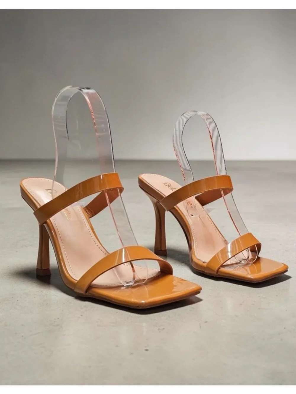 Strap Stiletto Heels With Square Toe & Tan Patent Faux Leather Accents For Women